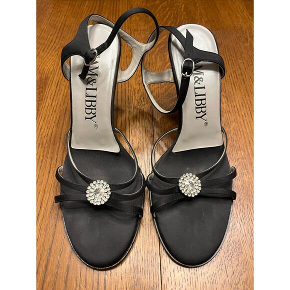 Sam & Libby Women's Black Satin Strappy High Heel Sandals Size 7.5 rhinestone - Picture 1 of 7